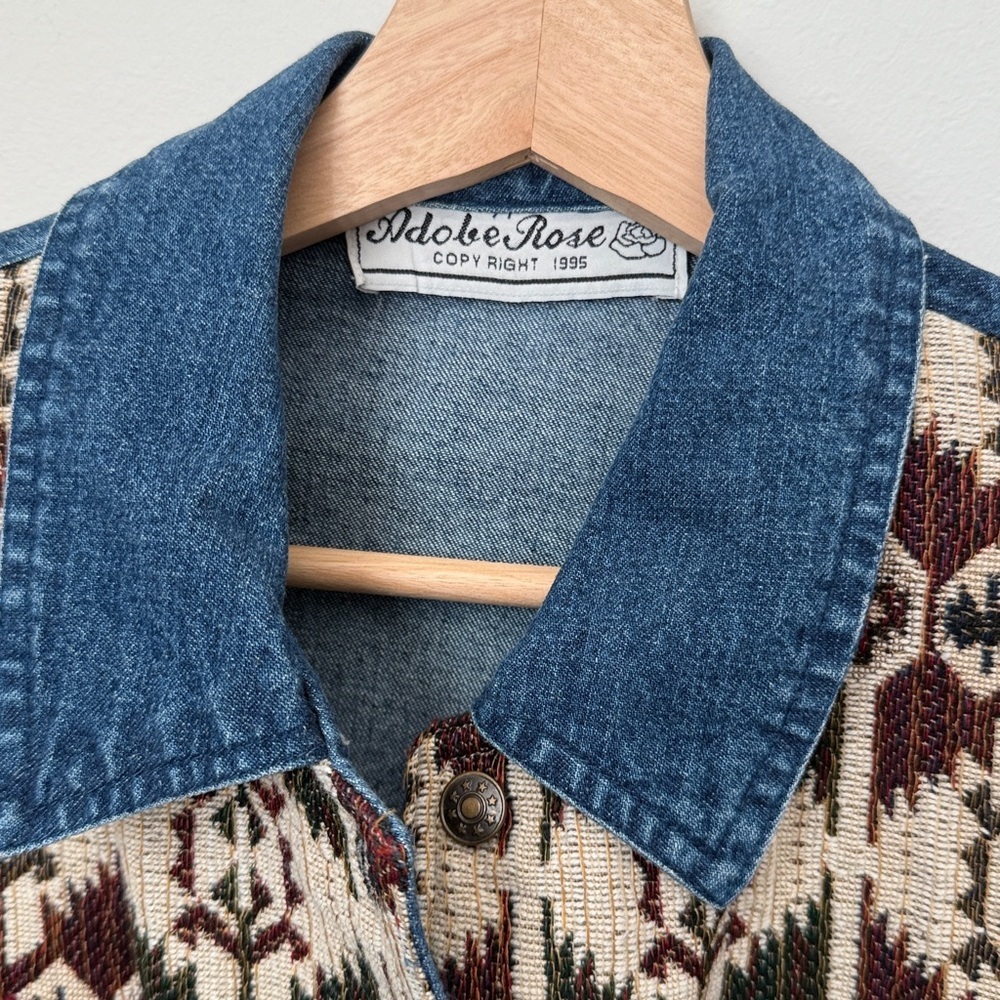 90’ Vintage Blue Denim Jacket with Patterned Accents - Picture 9 of 13